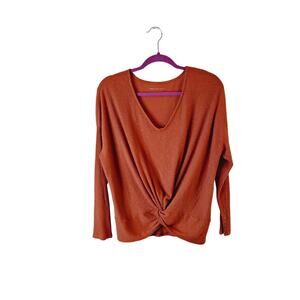 Women's S American Eagle Long Sleeve Top Shirt Ribbed Knit Front Knot Soft Brown